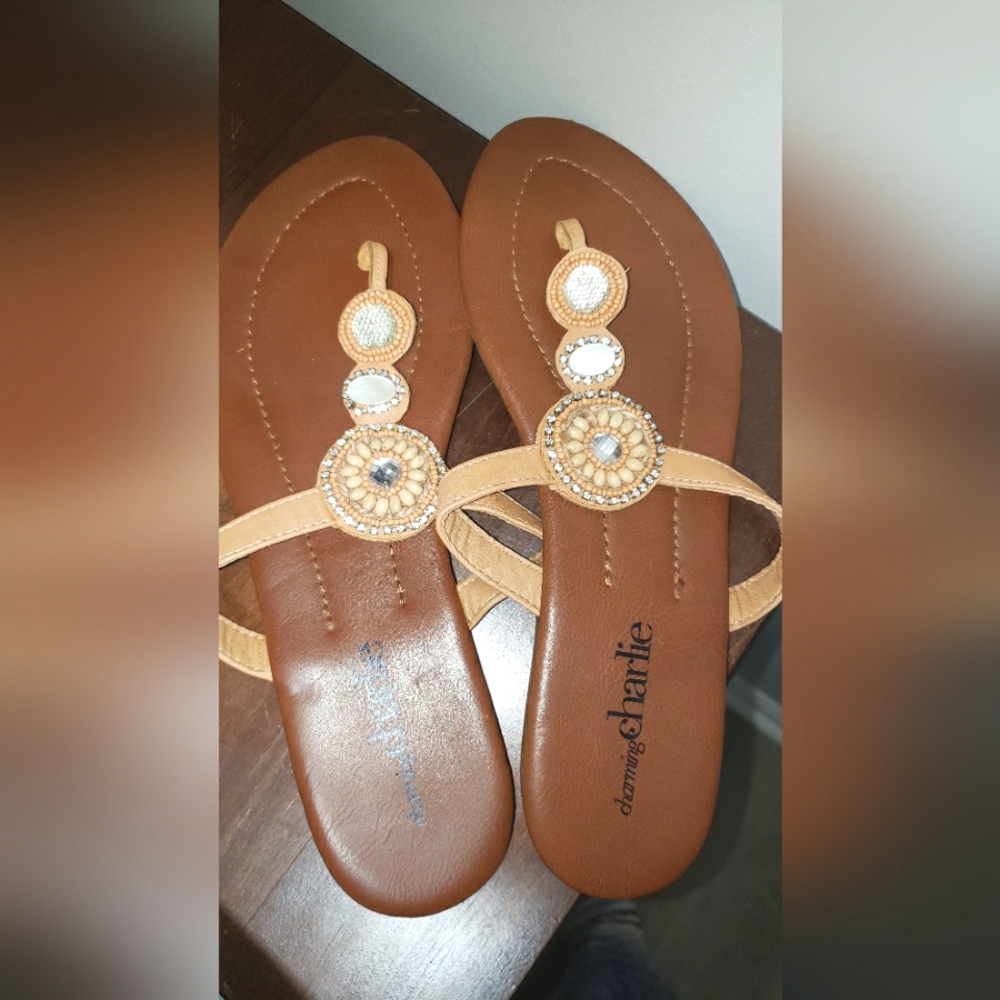 Charming Charlie Brown Beaded Thong Sandals Size 10 EUC